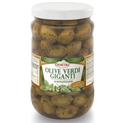 Alyvuogės GIANT žalios, marin. su žolelėmis aliejuje, DEMETRA, 1,6 kg / 1,05 kg